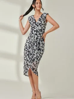 Abstract Ruched Bodycon Wrap Dress, Black Geo