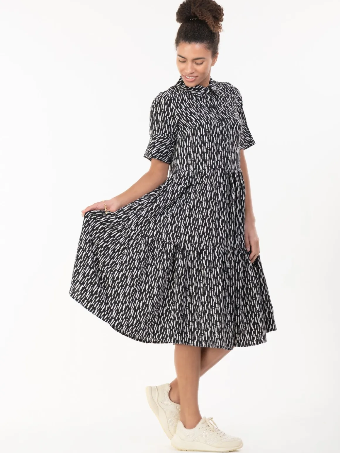 Amara Tiered Midi Shirt Dress, Black Geo