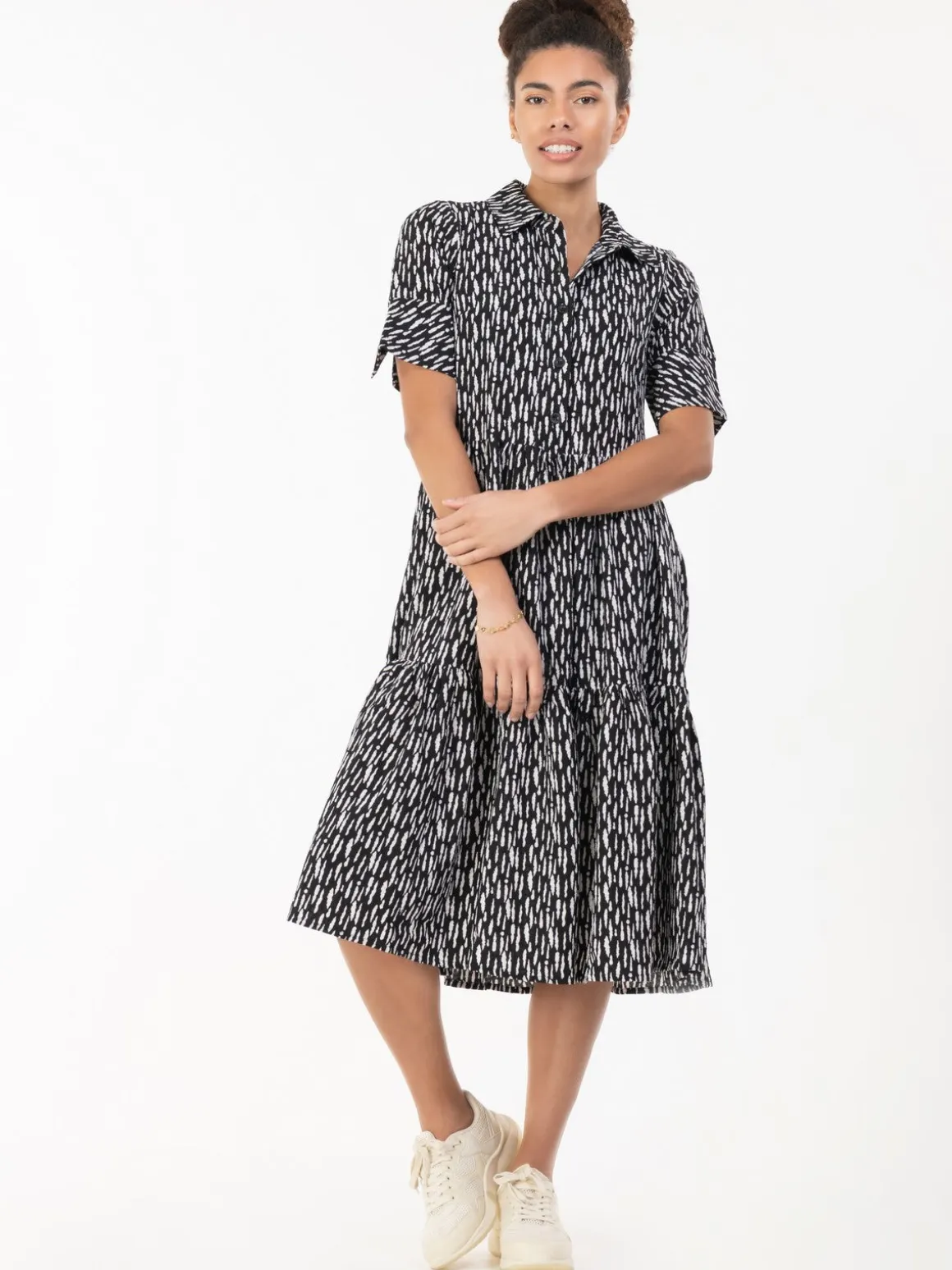 Amara Tiered Midi Shirt Dress, Black Geo