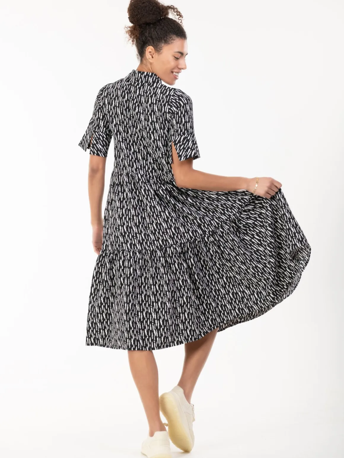 Amara Tiered Midi Shirt Dress, Black Geo