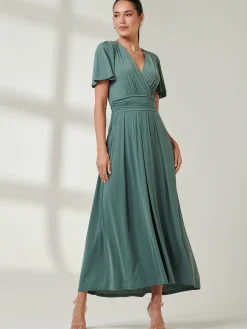 Angel Sleeve Super-Smooth Jersey Maxi Dress, Pleat Green
