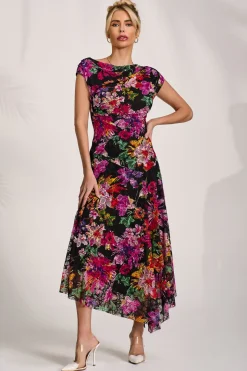 Asymmetric Draped Print Lace Maxi Dress, Floral Multi