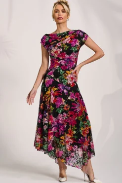 Asymmetric Draped Print Lace Maxi Dress, Floral Multi