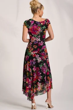 Asymmetric Draped Print Lace Maxi Dress, Floral Multi