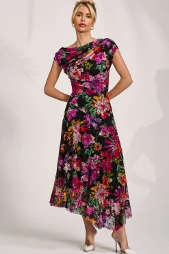 Asymmetric Draped Print Lace Maxi Dress, Floral Multi