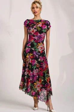 Asymmetric Draped Print Lace Maxi Dress, Floral Multi