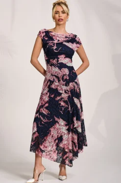 Asymmetric Draped Print Lace Maxi Dress, Pink Abstract