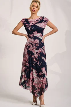 Asymmetric Draped Print Lace Maxi Dress, Pink Abstract
