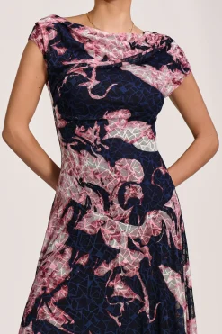 Asymmetric Draped Print Lace Maxi Dress, Pink Abstract