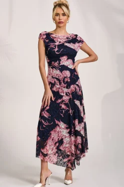 Asymmetric Draped Print Lace Maxi Dress, Pink Abstract