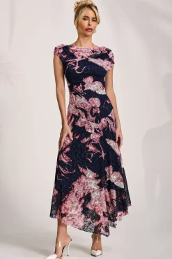 Asymmetric Draped Print Lace Maxi Dress, Pink Abstract