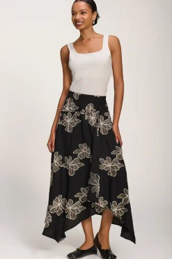 Asymmetric Embroidered Midi Skirt, Black