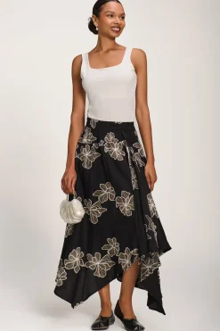 Asymmetric Embroidered Midi Skirt, Black