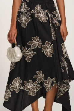 Asymmetric Embroidered Midi Skirt, Black