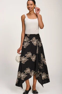 Asymmetric Embroidered Midi Skirt, Black