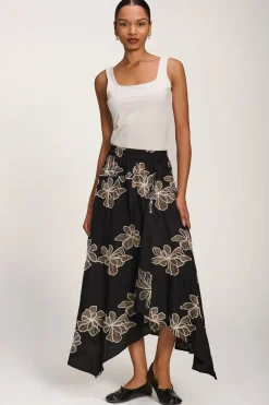 Asymmetric Embroidered Midi Skirt, Black