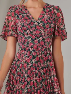 Chiffon Pleated Wrap Midaxi Dress, Pink Floral