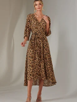 Gold Spot Printed Chiffon Maxi Dress, Brown Leopard