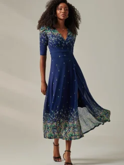 Half Sleeve Floral Wrap Dress Blue Yellow Multi