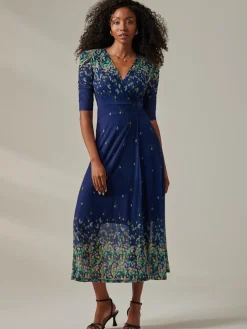 Half Sleeve Floral Wrap Dress Blue Yellow Multi