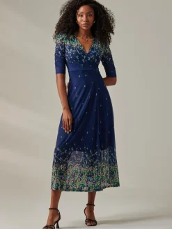 Half Sleeve Floral Wrap Dress Blue Yellow Multi