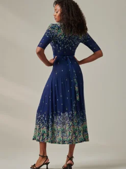 Half Sleeve Floral Wrap Dress Blue Yellow Multi