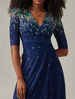 Half Sleeve Floral Wrap Dress Blue Yellow Multi