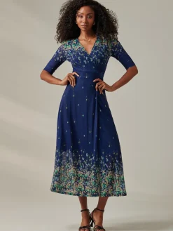 Half Sleeve Floral Wrap Dress Blue Yellow Multi