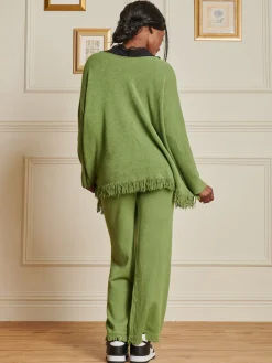 Knitted Fringe Detail Trousers, Olive Green