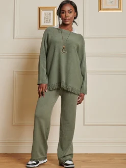 Knitted Fringe Detail Trousers, Soldier Green