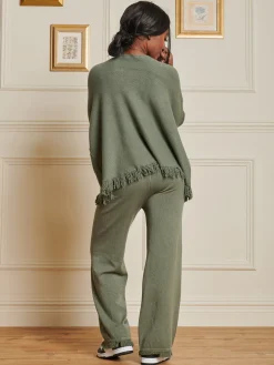 Knitted Fringe Detail Trousers, Soldier Green