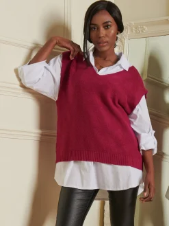 Knitted V-Neck Jumper Vest, Fuschia