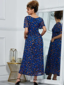 Leopard Mesh Midi Dress, Blue Animal