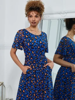 Leopard Mesh Midi Dress, Blue Animal