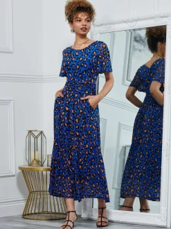 Leopard Mesh Midi Dress, Blue Animal