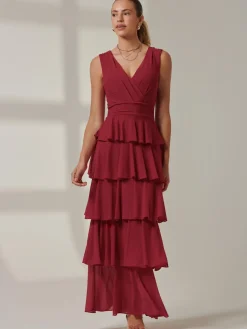 Mesh Sleeveless Tiered Maxi Dress, Burgundy