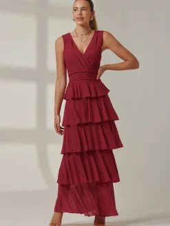 Mesh Sleeveless Tiered Maxi Dress, Burgundy