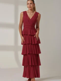 Mesh Sleeveless Tiered Maxi Dress, Burgundy