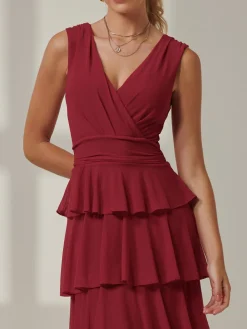 Mesh Sleeveless Tiered Maxi Dress, Burgundy
