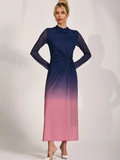 Petite Long Sleeve Mesh Maxi Dress, Pink Multi