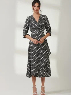 Peyton Wrap Puff Sleeve Midi Dress, Black Geo