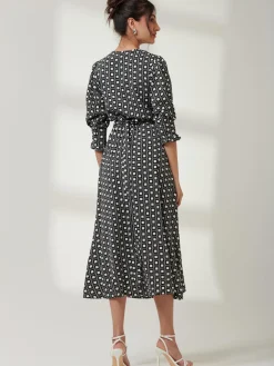Peyton Wrap Puff Sleeve Midi Dress, Black Geo