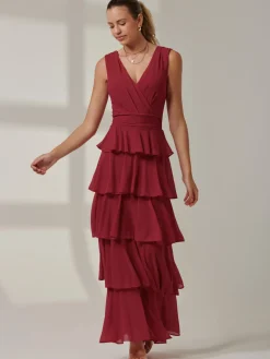 Plain Tiered Mesh Maxi Dress, Burgundy