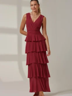 Plain Tiered Mesh Maxi Dress, Burgundy