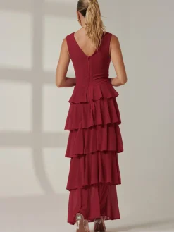 Plain Tiered Mesh Maxi Dress, Burgundy