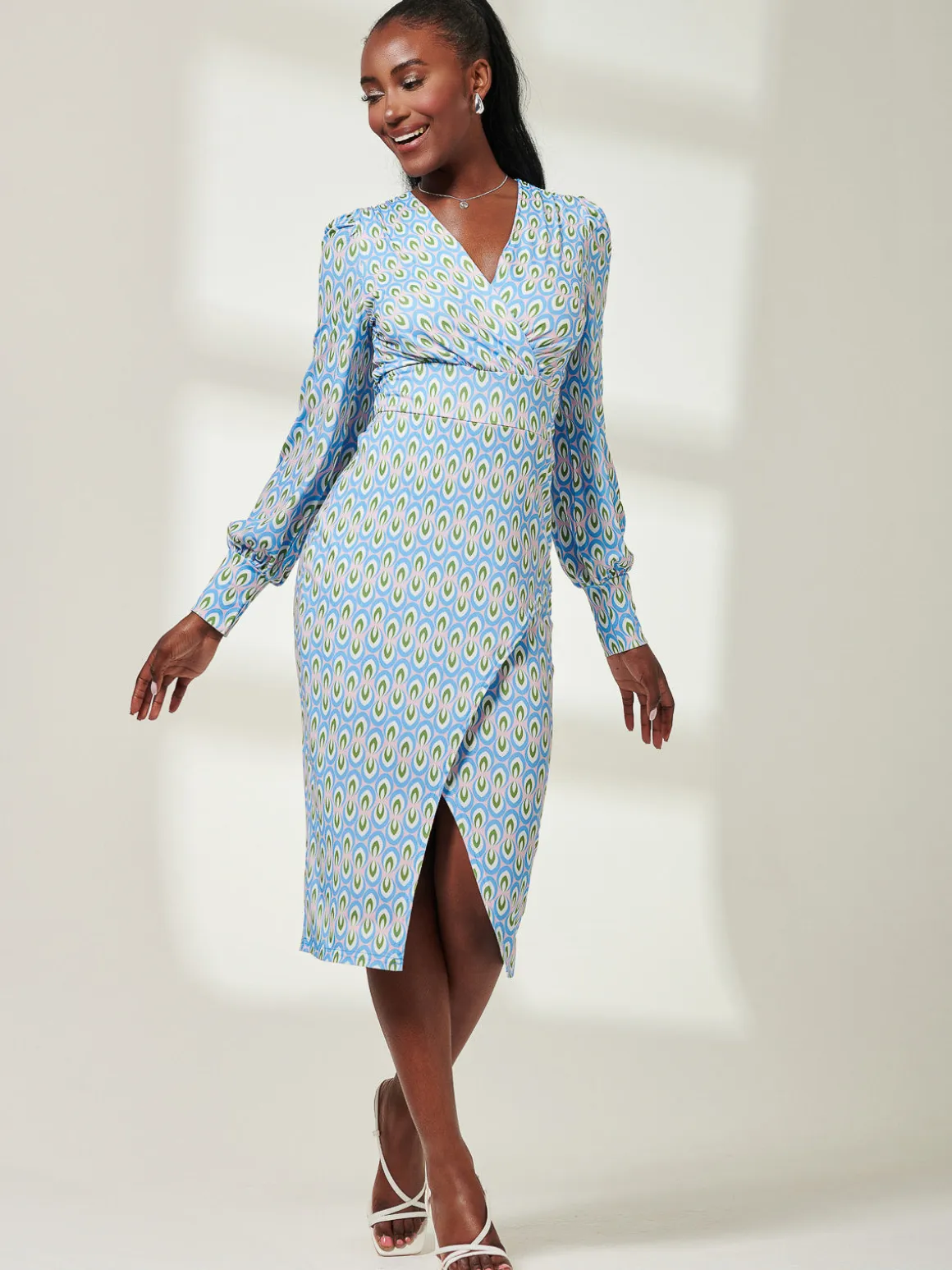 Print Long Sleeve Jersey Pencil Dress, Blue Geo