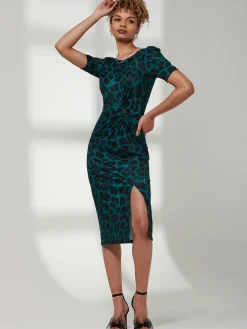Ray Ruched Waist Bodycon Midi Dress, Green Animal
