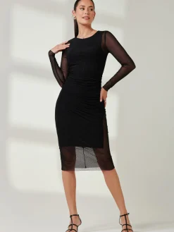 Ruched Sheath Maxi Mesh Dress, Black