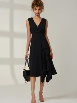 Ruffle Detail Midi Dress, Black
