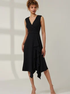 Ruffle Detail Midi Dress, Black